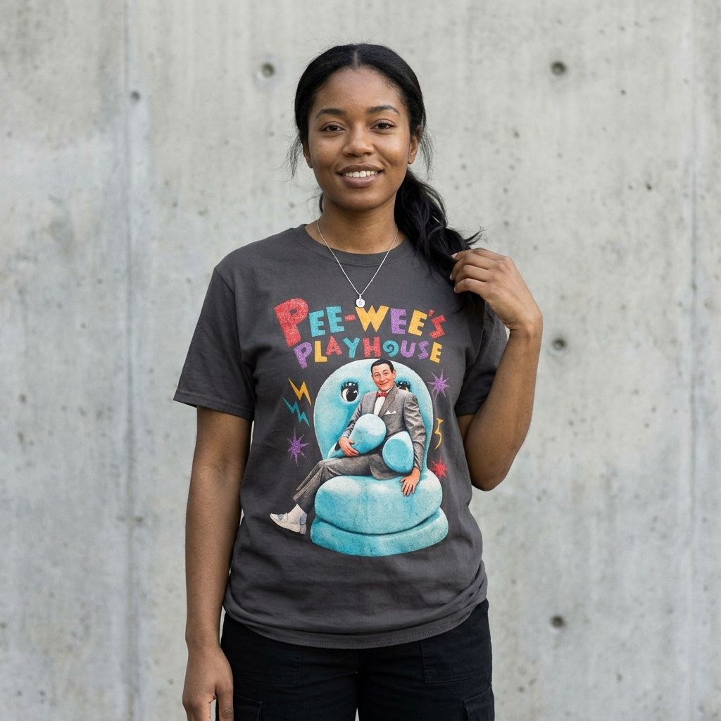 Model wearing Pee-Wee's Playhouse Graphic Tee – Retro 80s TV Shirt against a cement wall