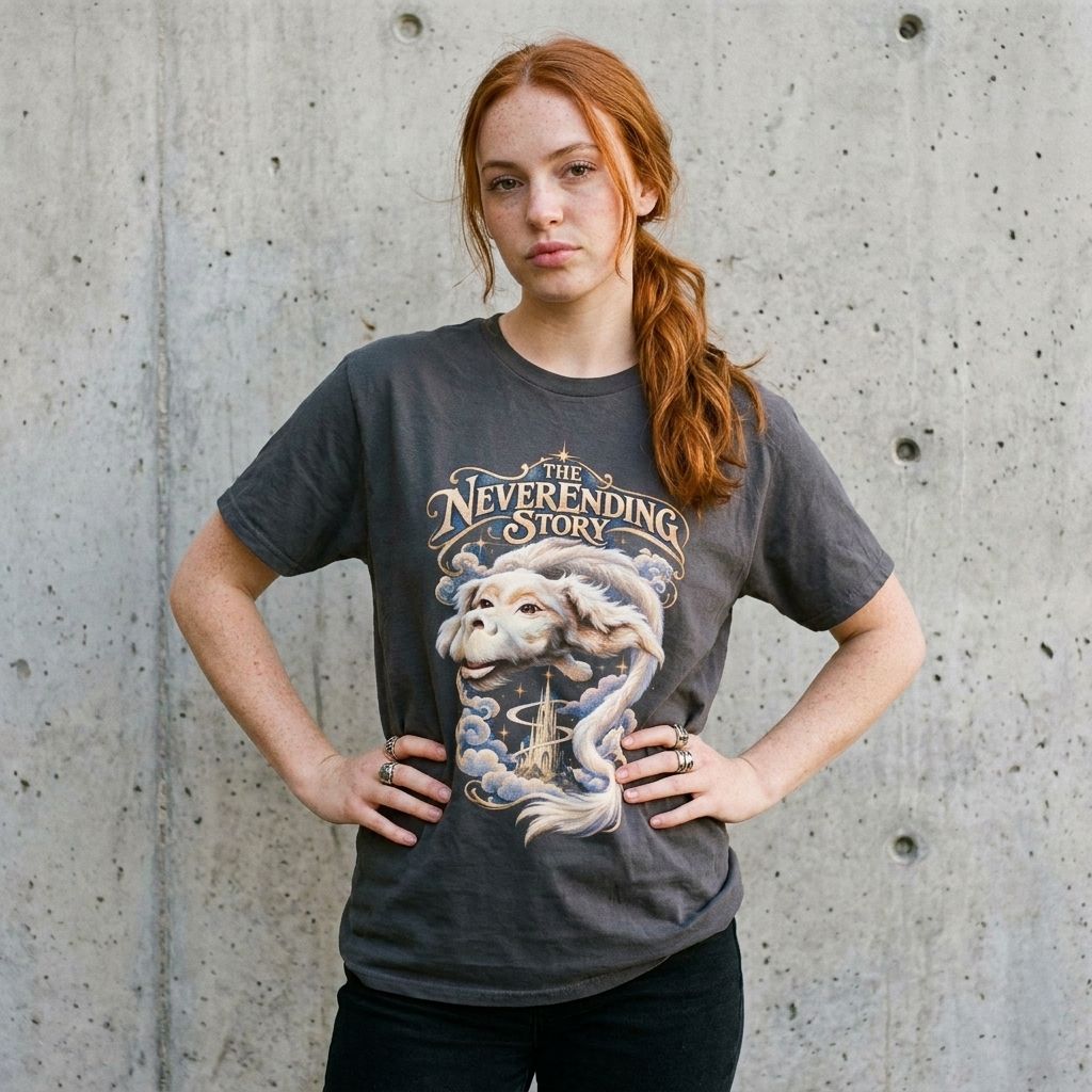 Model wearing The Neverending Story Graphic Tee – Retro 80s Fantasy Movie Shirt against a cement wall