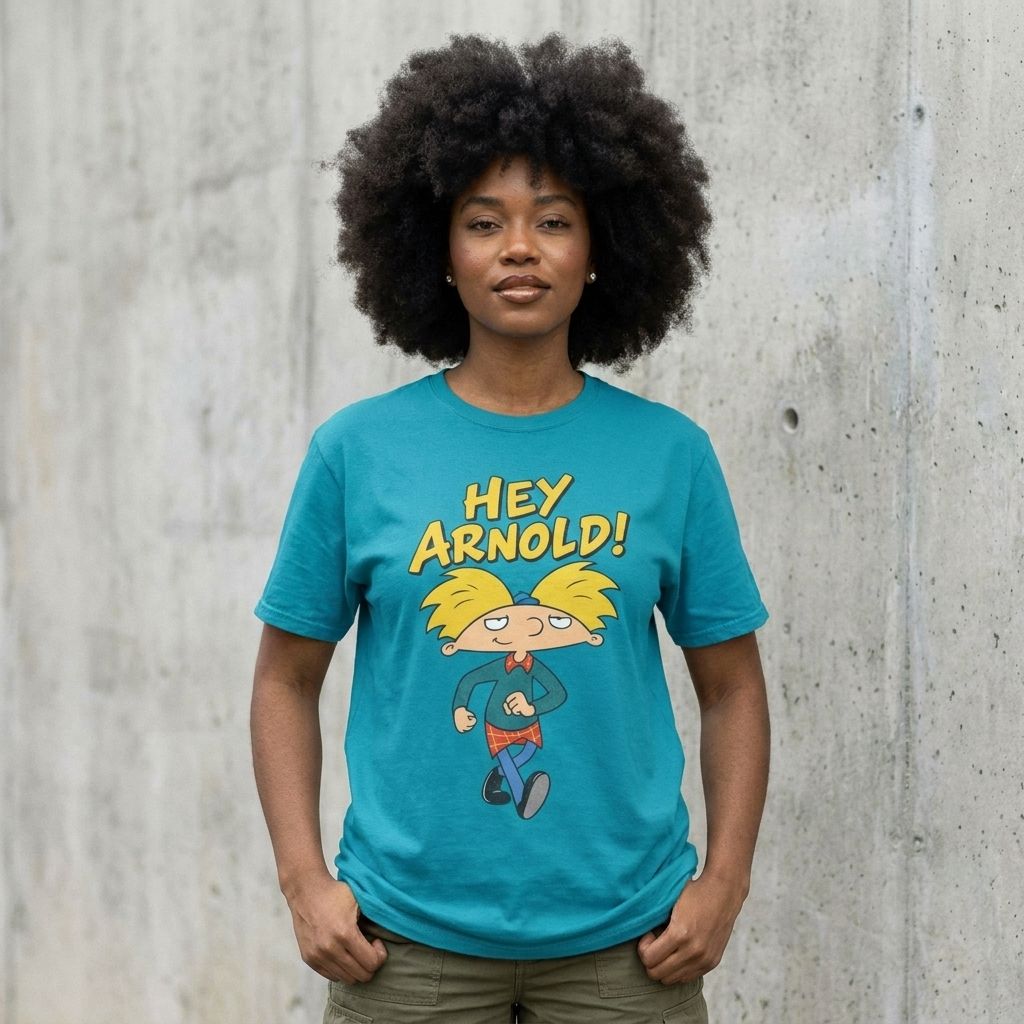 Model wearing Hey Arnold! Graphic Tee – Retro 90s Cartoon Shirt against a cement wall