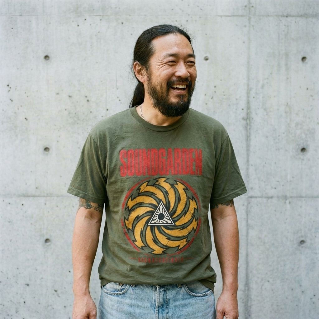 Model wearing Soundgarden Vintage Band Tee – Distressed 90s Grunge Shirt against a cement wall