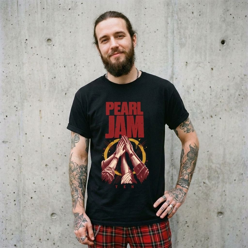 Model wearing Pearl Jam Graphic Tee – Vintage 90s Band Shirt against a cement wall