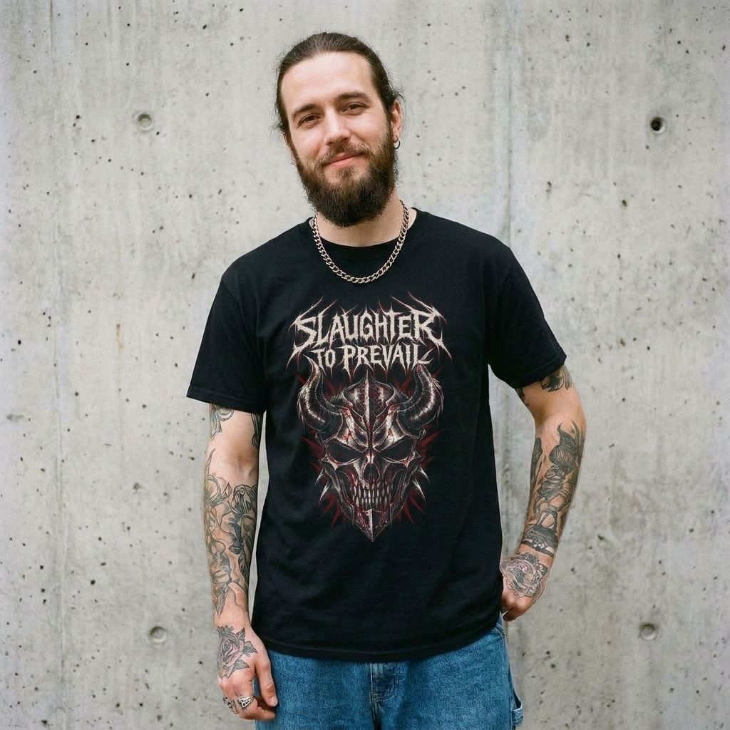 Model wearing Slaughter To Prevail Distressed Band Tee – Horned Skull Metal Shirt against a cement wall