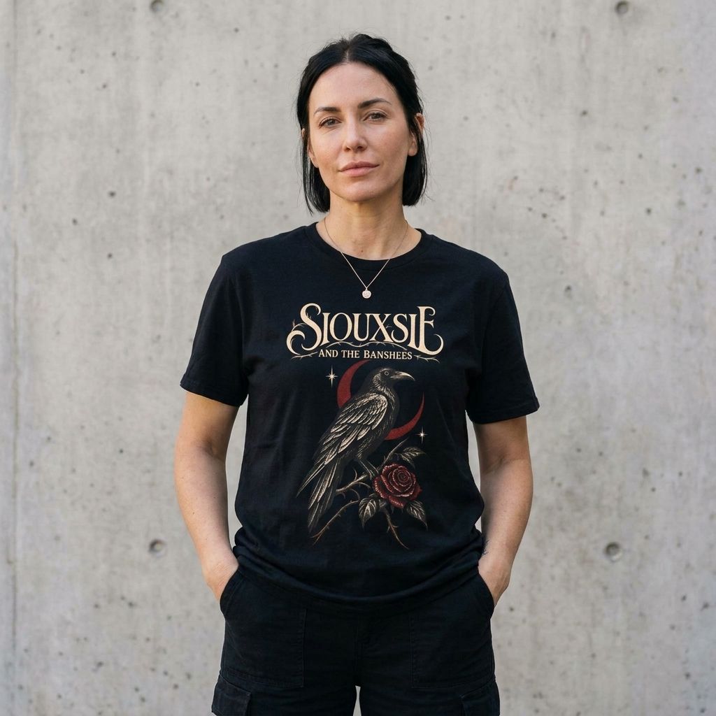 Model wearing Siouxsie And The Banshees Vintage Raven Tee – Goth Band Shirt against a cement wall