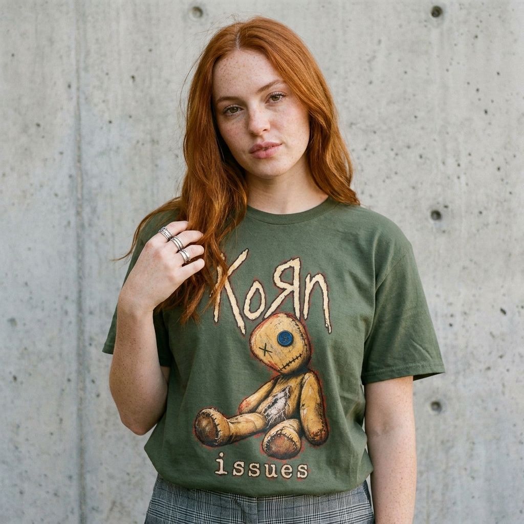 Model wearing KoRn Graphic Tee – Distressed 90s Band Shirt against a cement wall