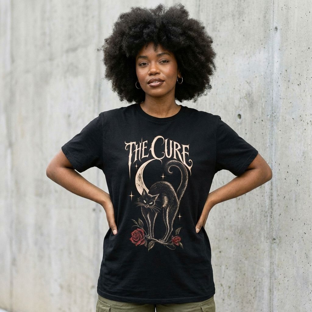 Model wearing The Cure Graphic Tee – Vintage Black Cat Band Shirt against a cement wall