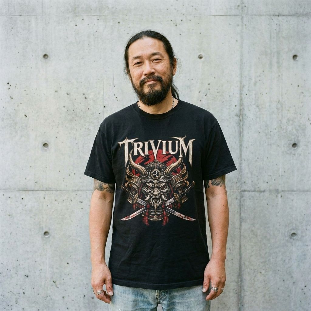 Model wearing Trivium Graphic Tee – Metal Band Shirt against a cement wall