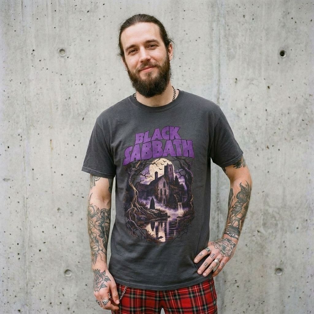 Model wearing Sabbath Graphic Tee – Vintage 70s Rock Band Shirt against a cement wall