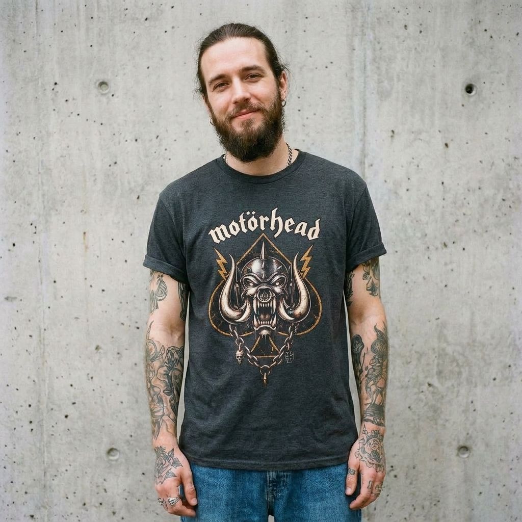 Model wearing Motorhead Graphic Tee – Vintage Rock Band Shirt against a cement wall