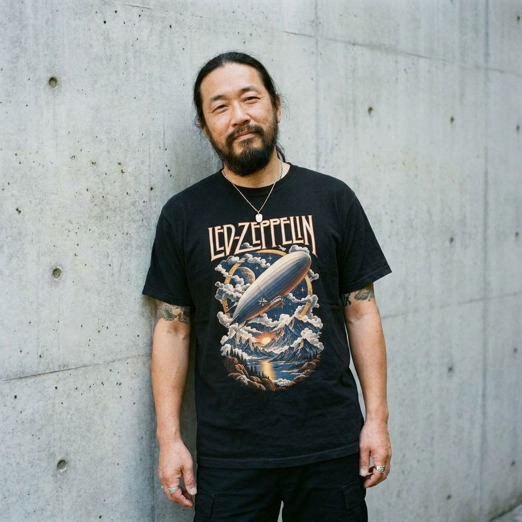 Model wearing Led Zeppelin Graphic Tee – Vintage Classic Rock Shirt against a cement wall