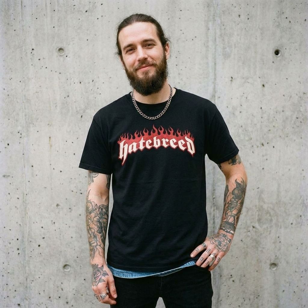 Model wearing Hatebreed Band Tee – Retro Flame Logo Shirt against a cement wall