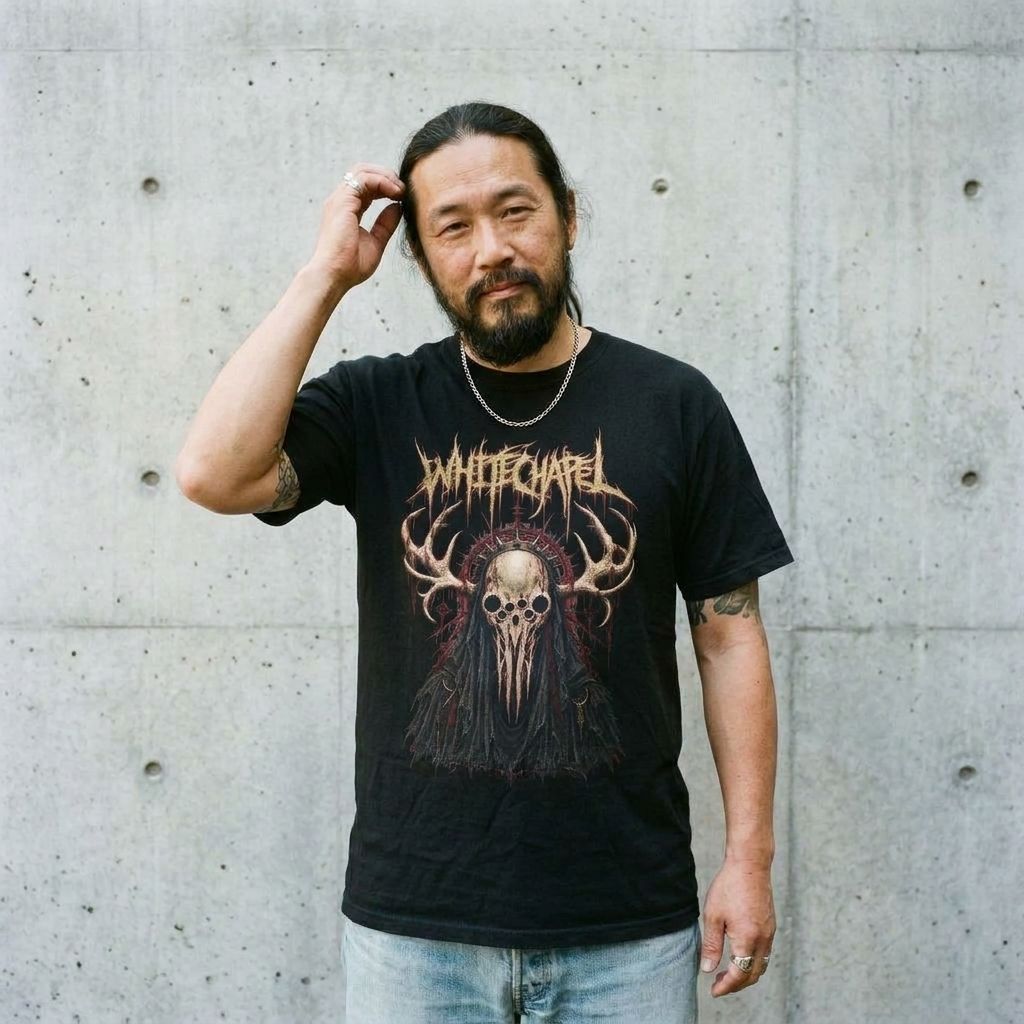 Model wearing Whitechapel Graphic Tee – Dark Folklore Metal Band Shirt against a cement wall