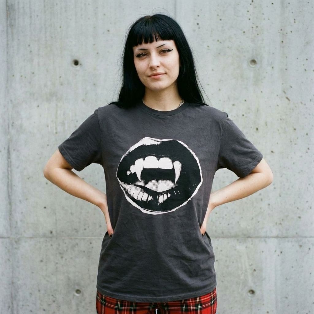 Model wearing Vampire Fangs Graphic Tee – Gothic Lips & Fangs Shirt against a cement wall