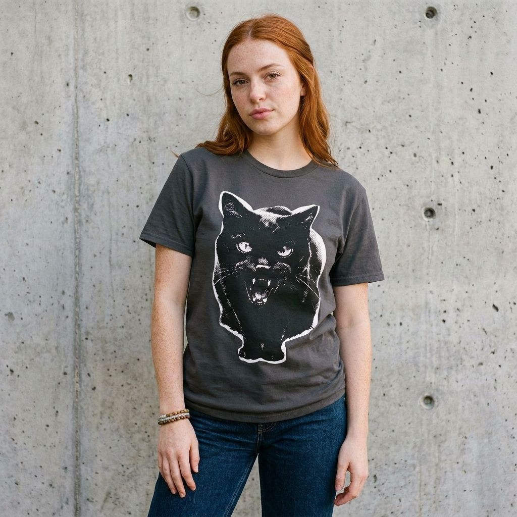 Model wearing Black Cat Graphic Tee – Vintage Halftone Cat Shirt against a cement wall