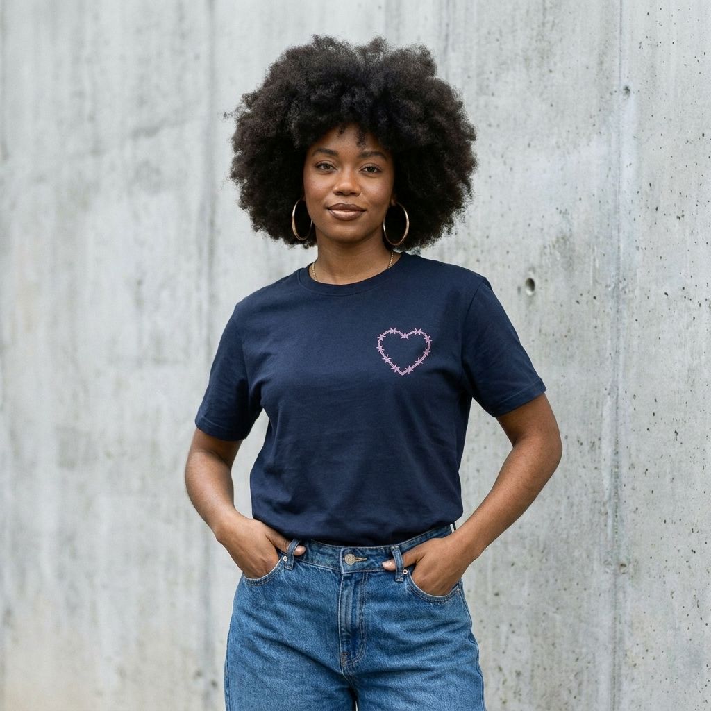 Model wearing Barbed Wire Heart Graphic Tee – Grunge Heart Shirt against a cement wall
