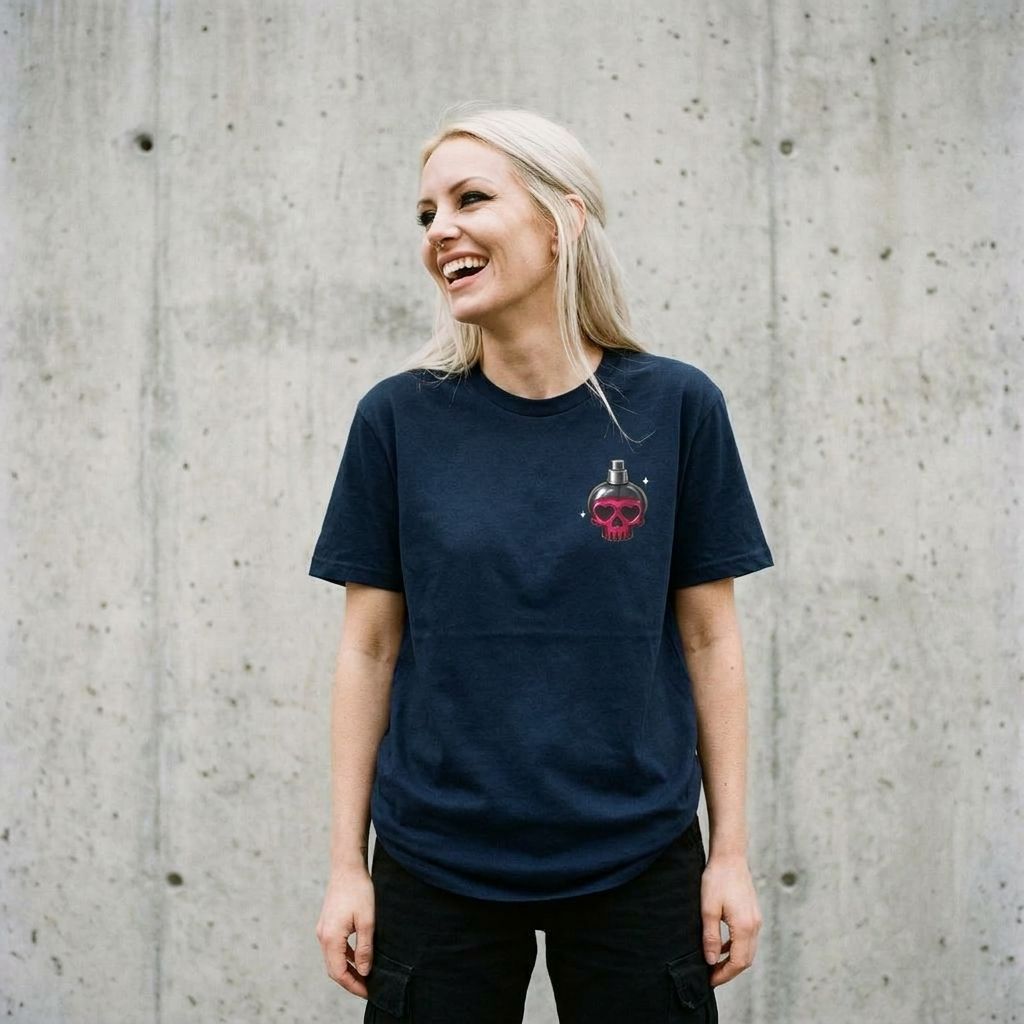 Model wearing Skull Perfume Bottle Graphic Tee – Cute Goth Shirt against a cement wall