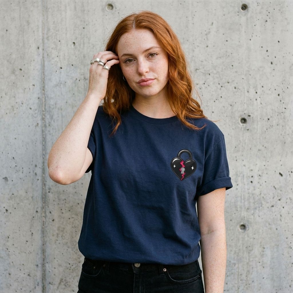 Model wearing Broken Heart Lock Graphic Tee – Minimal Padlock Shirt against a cement wall