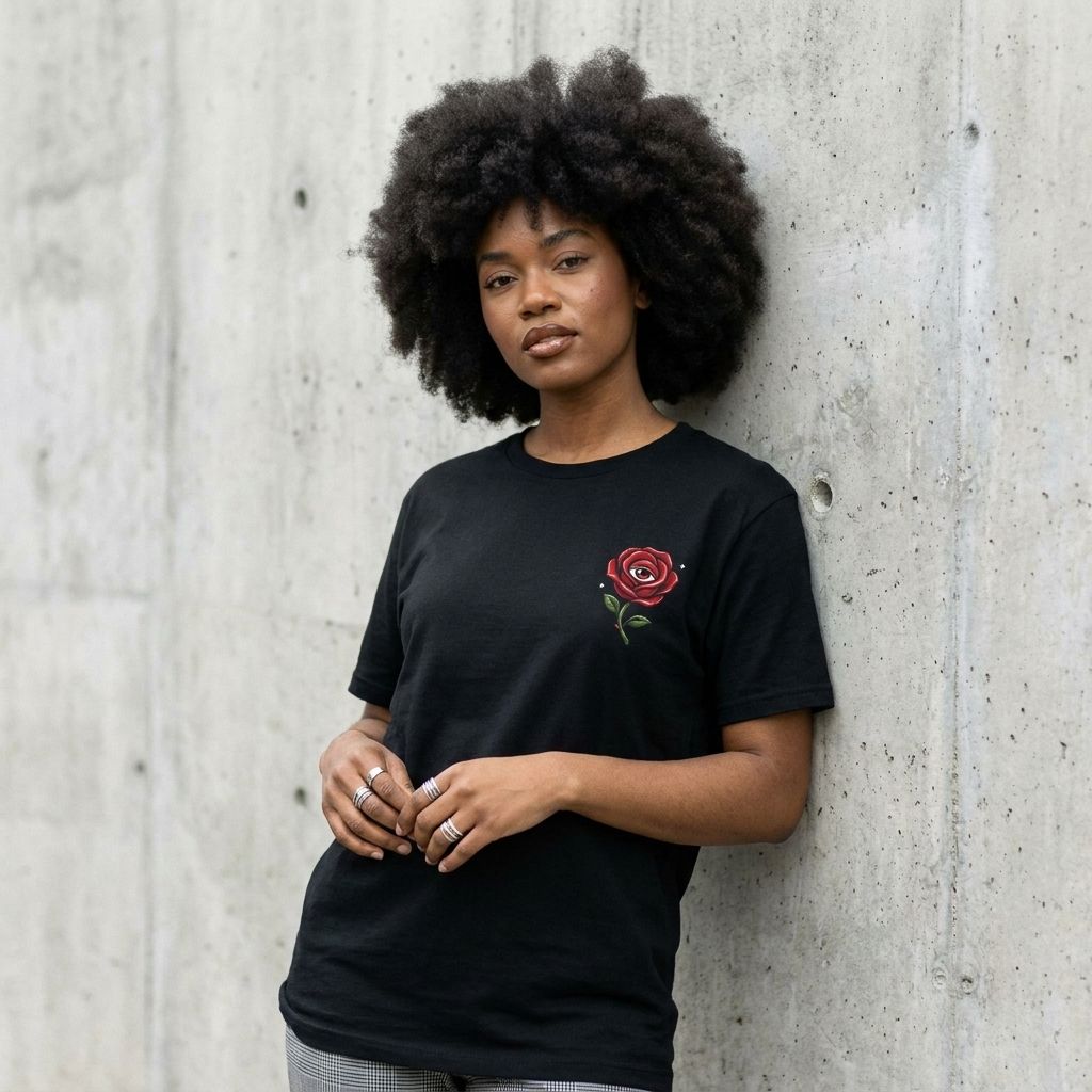 Model wearing Red Rose Graphic Tee – Minimal Floral Shirt against a cement wall