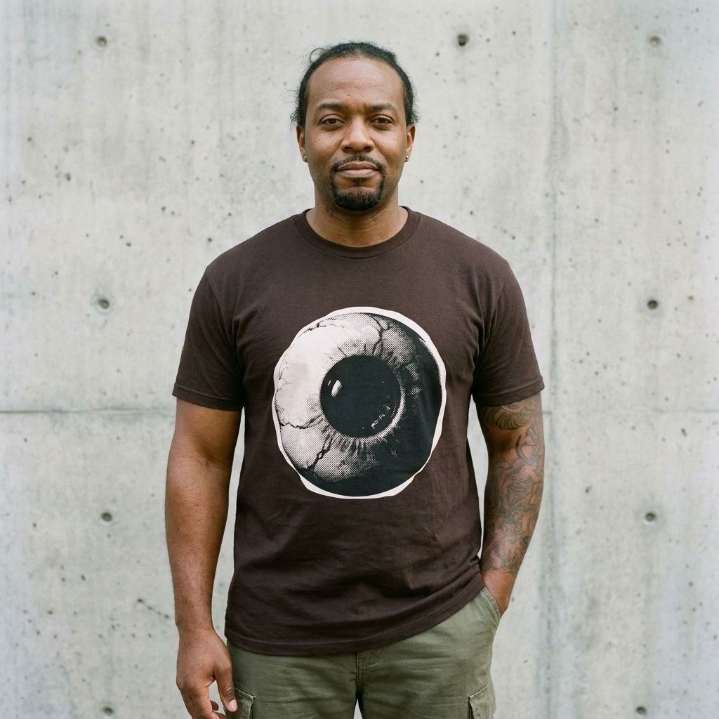 Model wearing Surreal Eyeball Graphic Tee – Artsy Mid-Century Eye Shirt against a cement wall