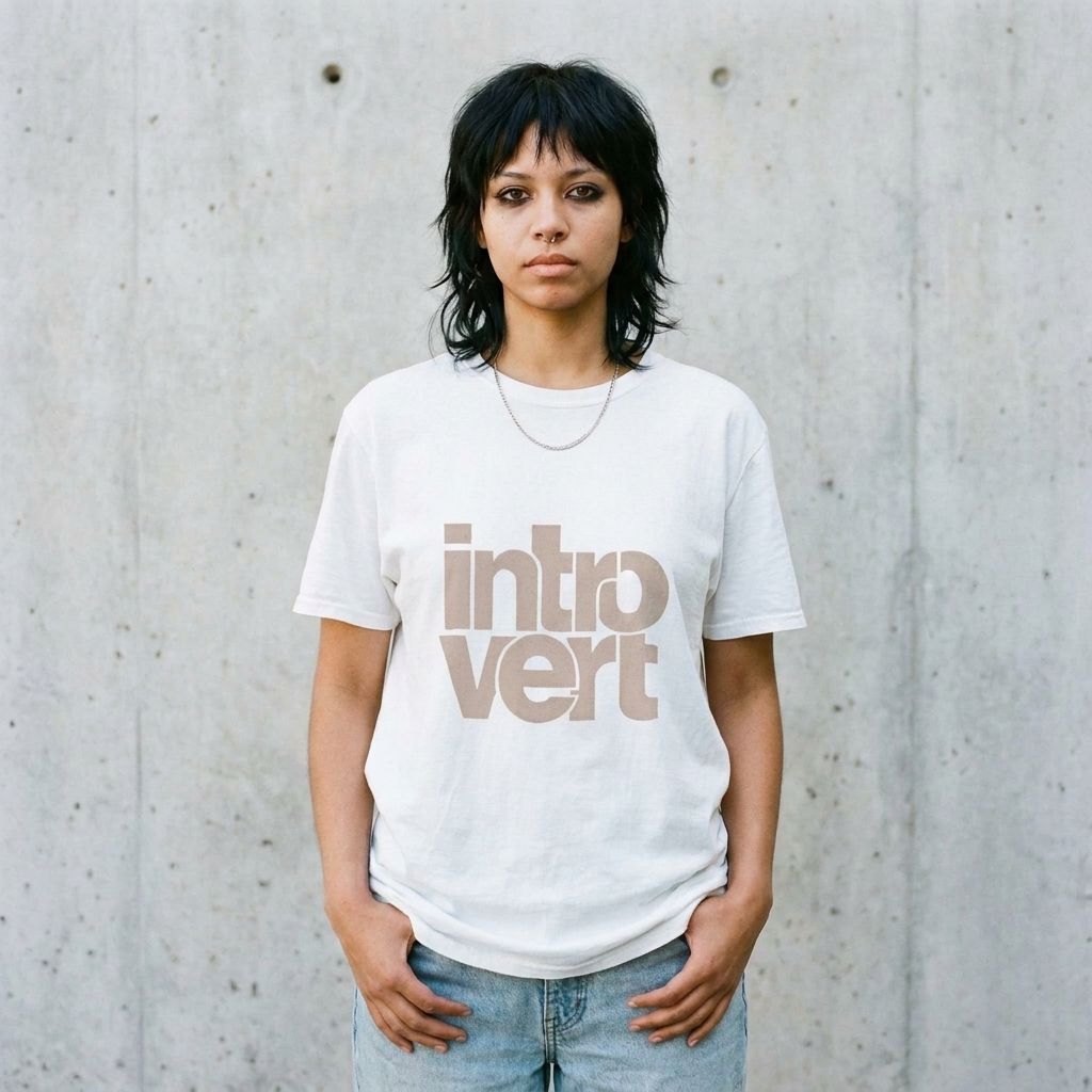 Model wearing Introvert Graphic Tee – Retro Skull Shirt against a cement wall