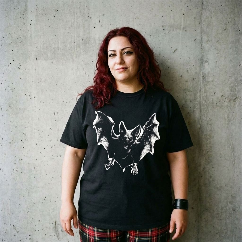 Model wearing Flying Bat Graphic Tee – Vintage Gothic Bat Shirt against a cement wall