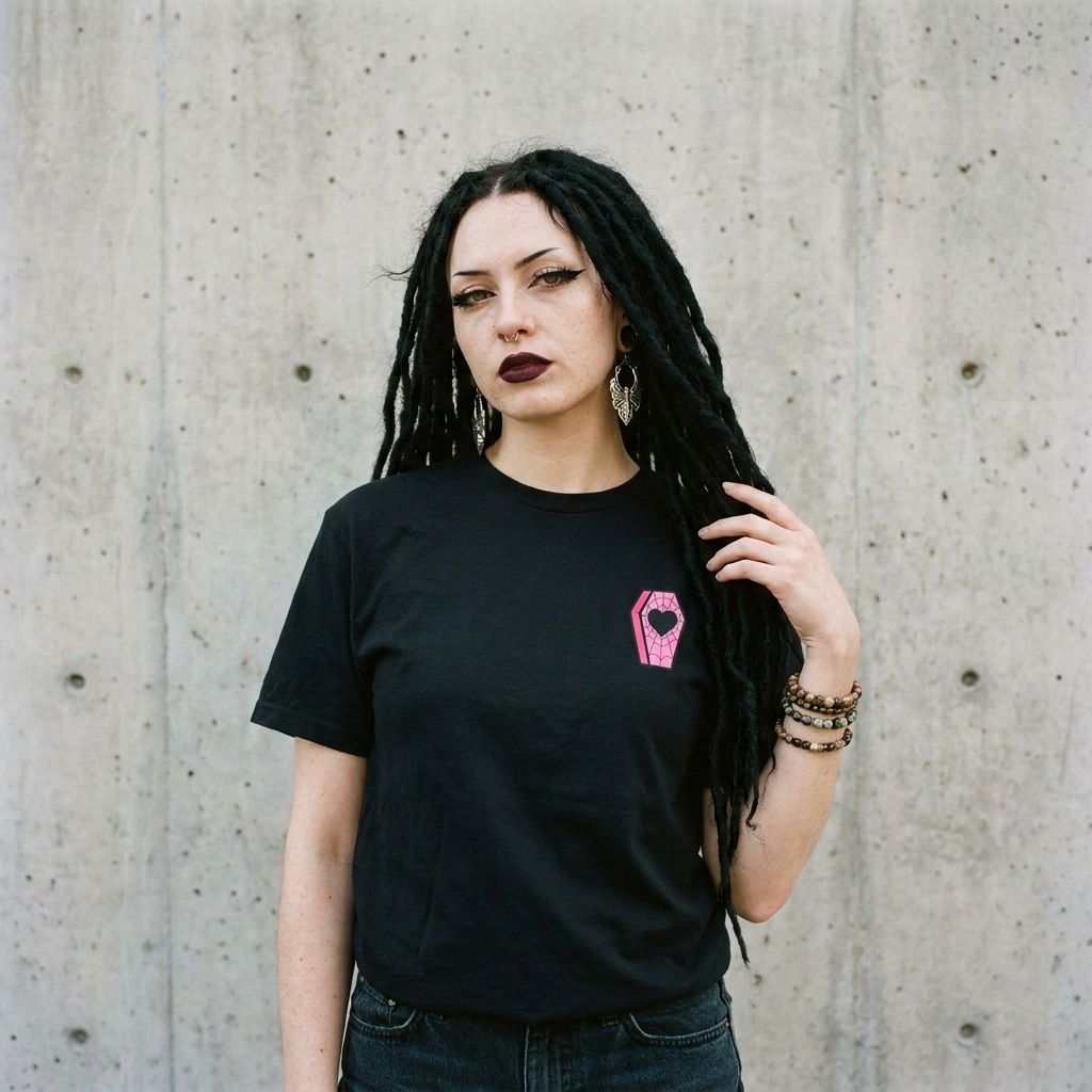 Model wearing Coffin Heart Graphic Tee – Cute Goth Pink Coffin Shirt against a cement wall
