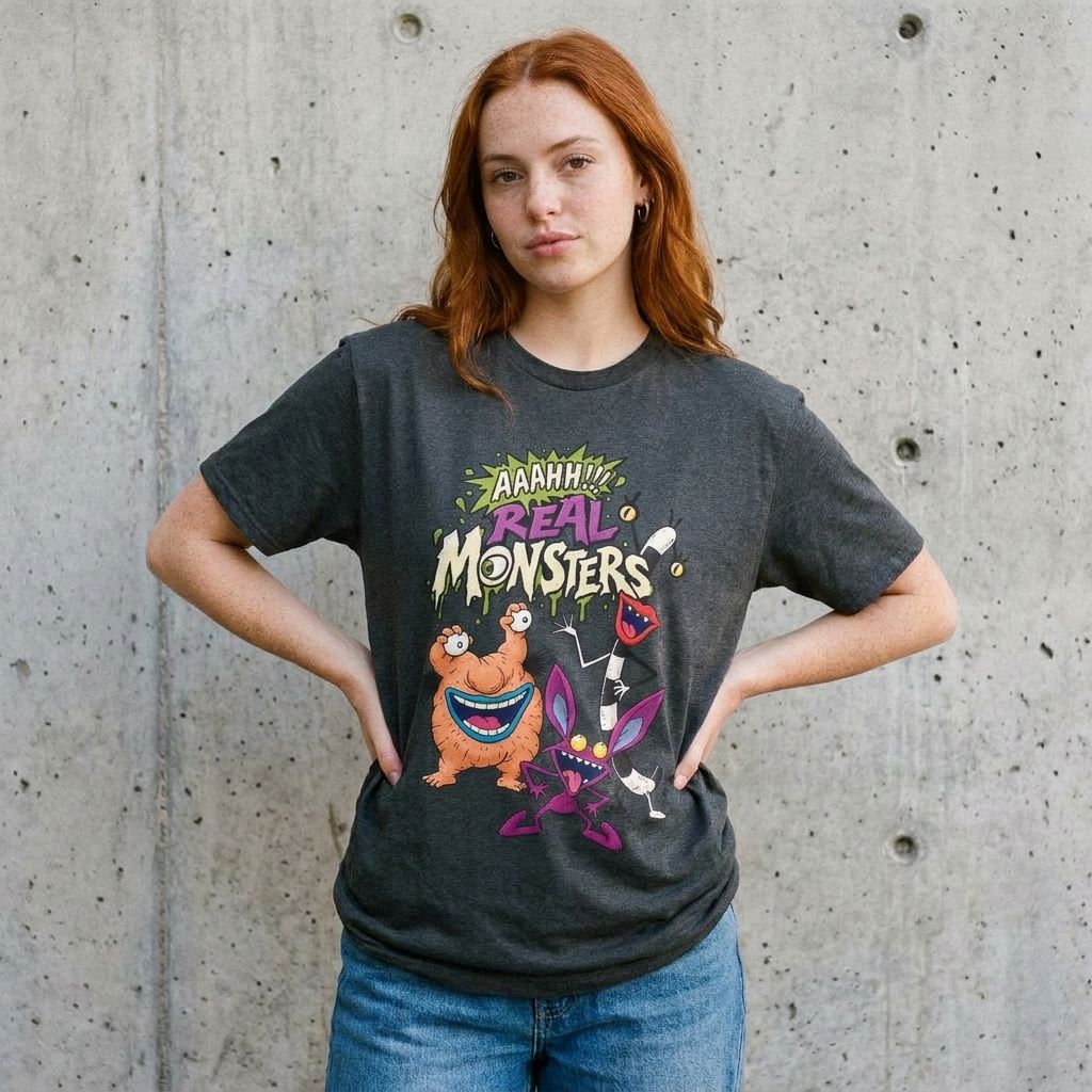 Model wearing Aaahh! Real Monsters Graphic Tee – Retro 90s Cartoon Shirt against a cement wall