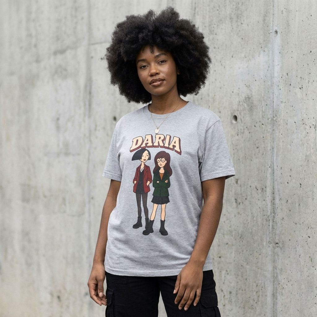 Model wearing Daria Graphic Tee – Retro 90s Cartoon Shirt against a cement wall