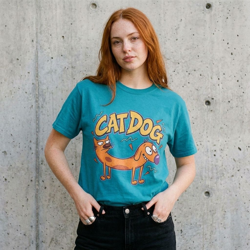 Model wearing CatDog Graphic Tee – Retro 90s Cartoon Shirt against a cement wall
