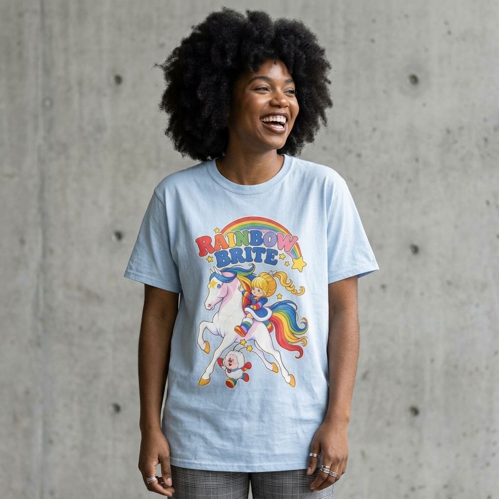 Model wearing Rainbow Brite Graphic Tee – Retro 80s Cartoon Shirt against a cement wall