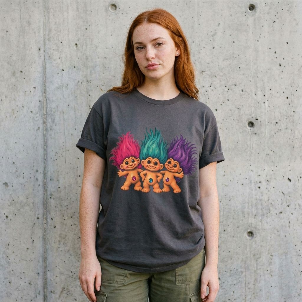 Model wearing Troll Dolls Graphic Tee – Retro 90s Toy Shirt against a cement wall