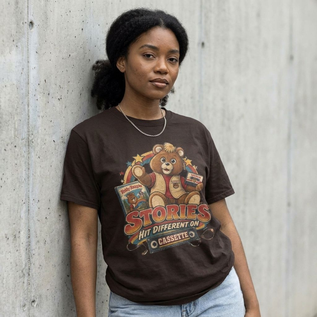 Model wearing Teddy Ruxpin Graphic Tee – Retro 80s Toy Shirt against a cement wall