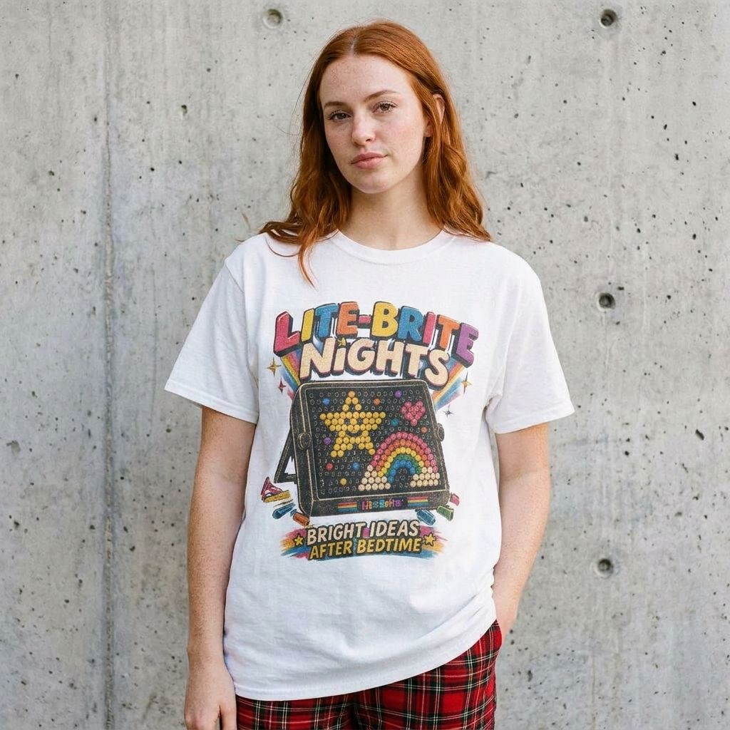Model wearing Lite-Brite Graphic Tee – Retro 80s Toy Shirt against a cement wall