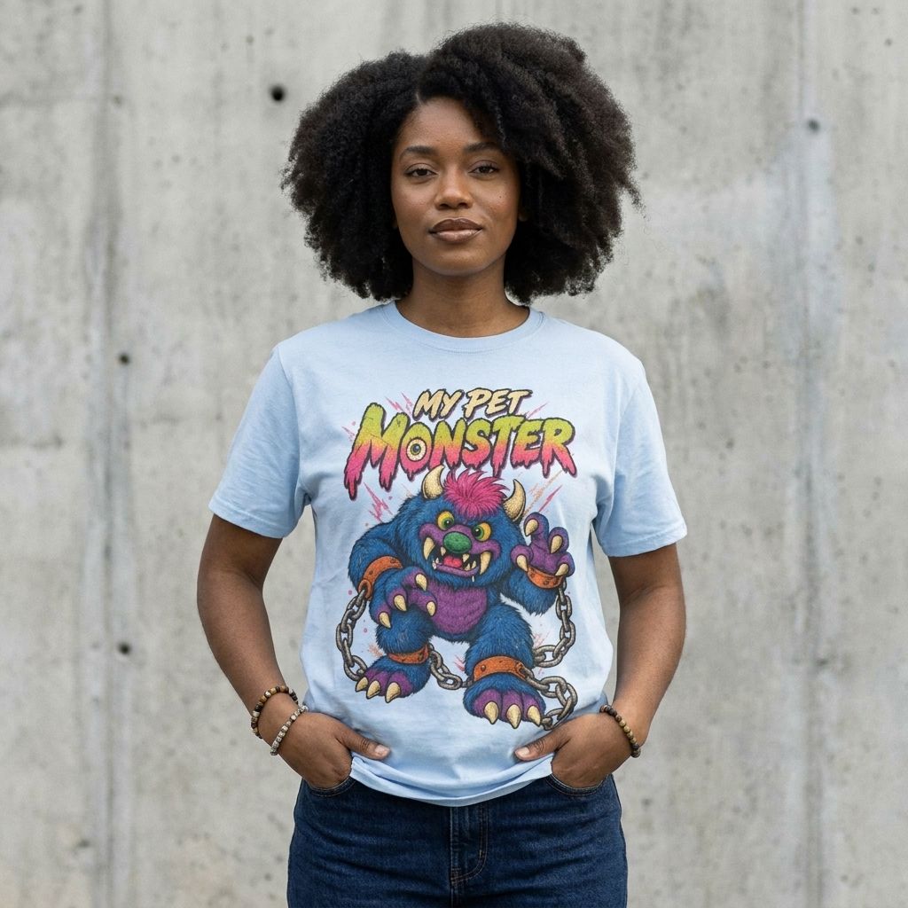 Model wearing My Pet Monster Graphic Tee – Retro 80s Cartoon Shirt against a cement wall
