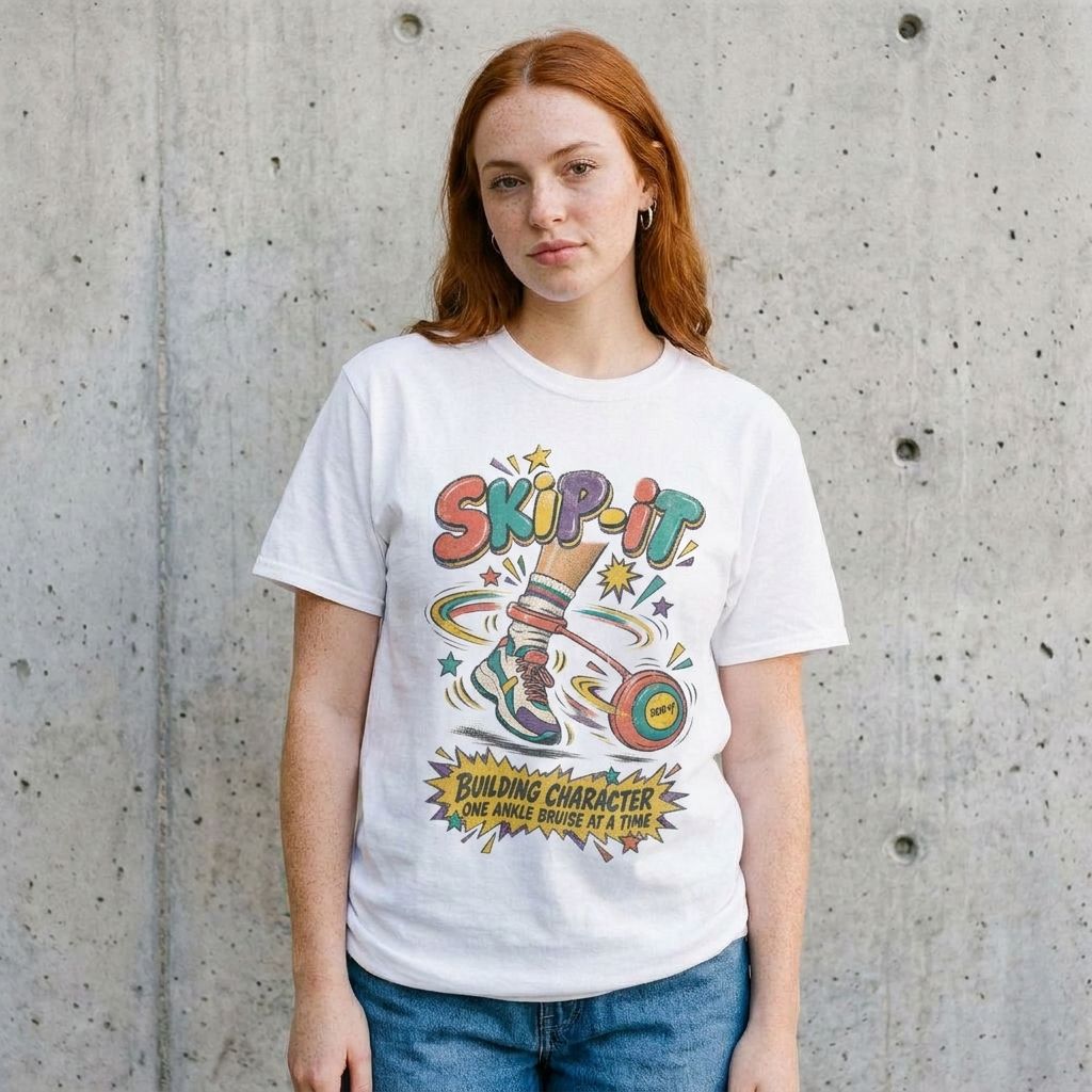 Model wearing Skip-It Retro Graphic Tee – 90s Toy Shirt against a cement wall