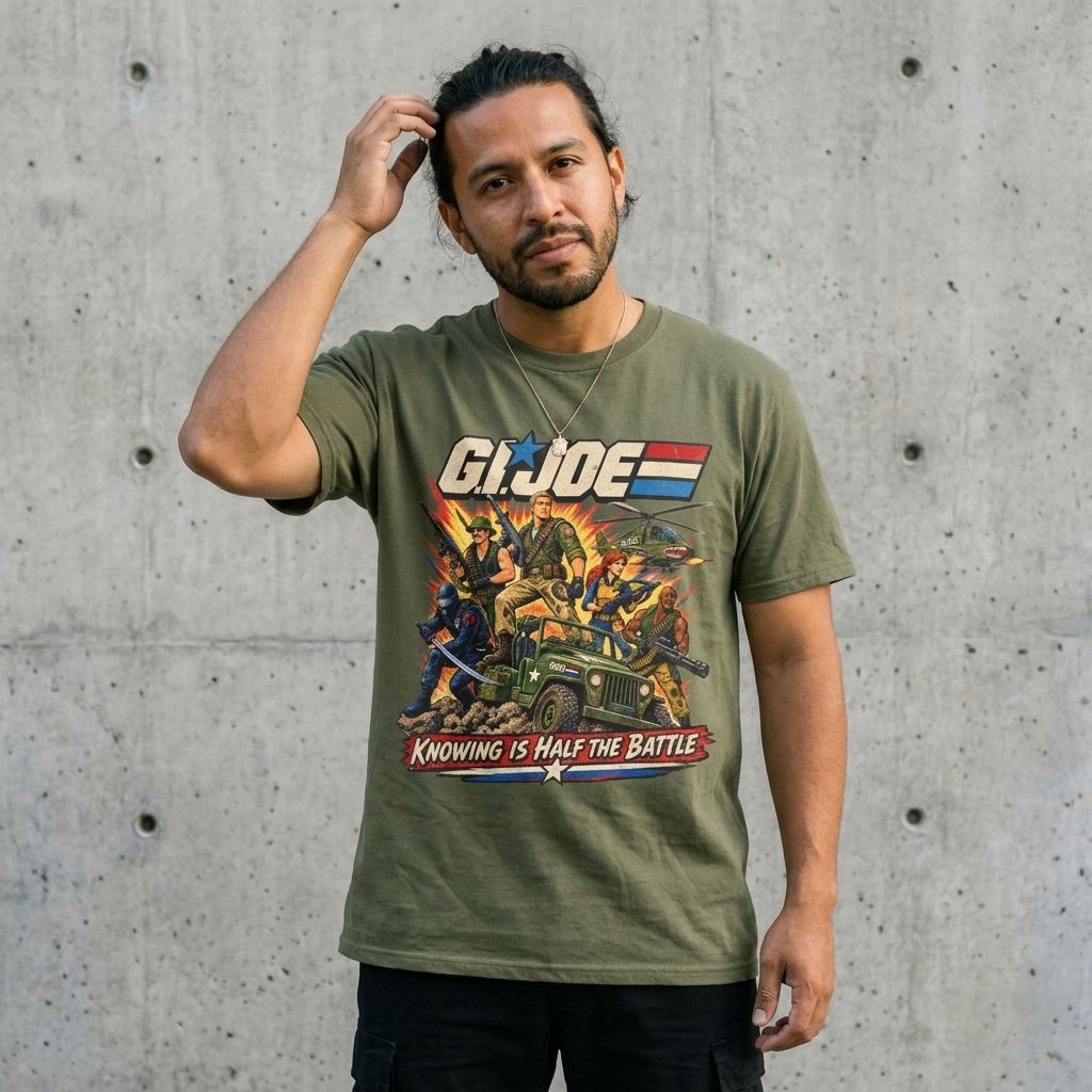Model wearing G.I. Joe Graphic Tee – Retro 80s Cartoon Shirt against a cement wall