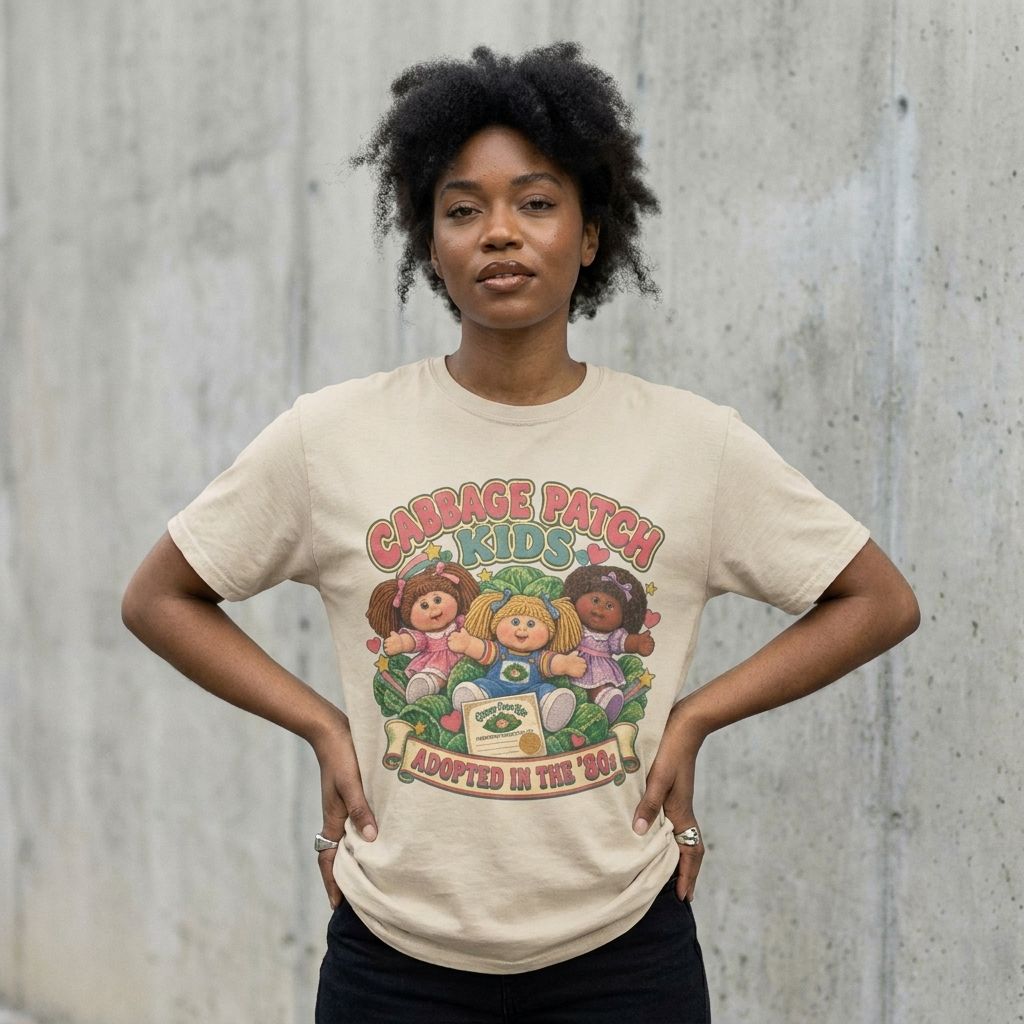 Model wearing Cabbage Patch Kids Graphic Tee – Retro 80s Toy Shirt against a cement wall