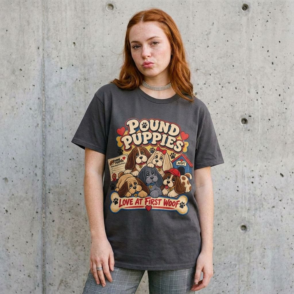 Model wearing Pound Puppies Graphic Tee – Retro 80s Rescue Dog Shirt against a cement wall