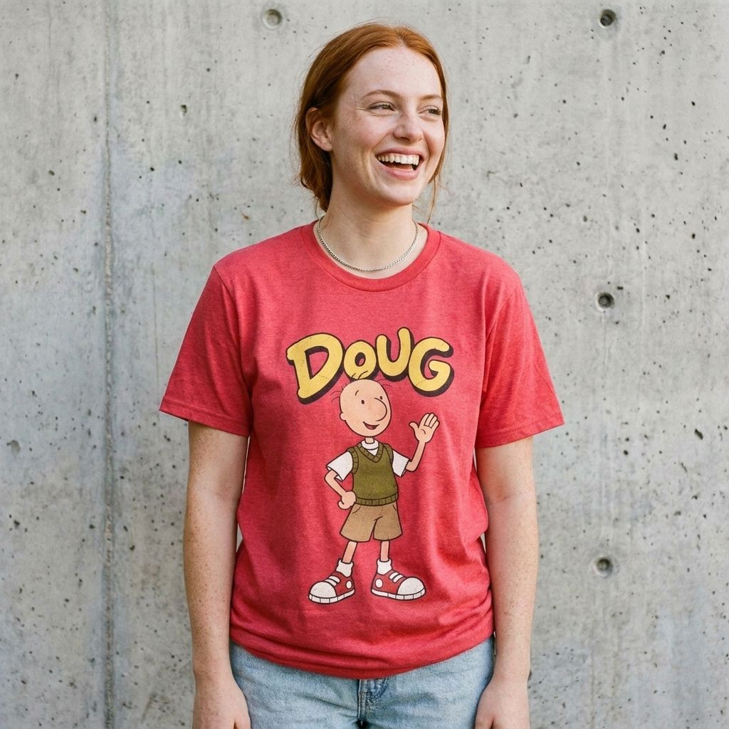 Model wearing Doug Graphic Tee – Retro 90s Cartoon Shirt against a cement wall