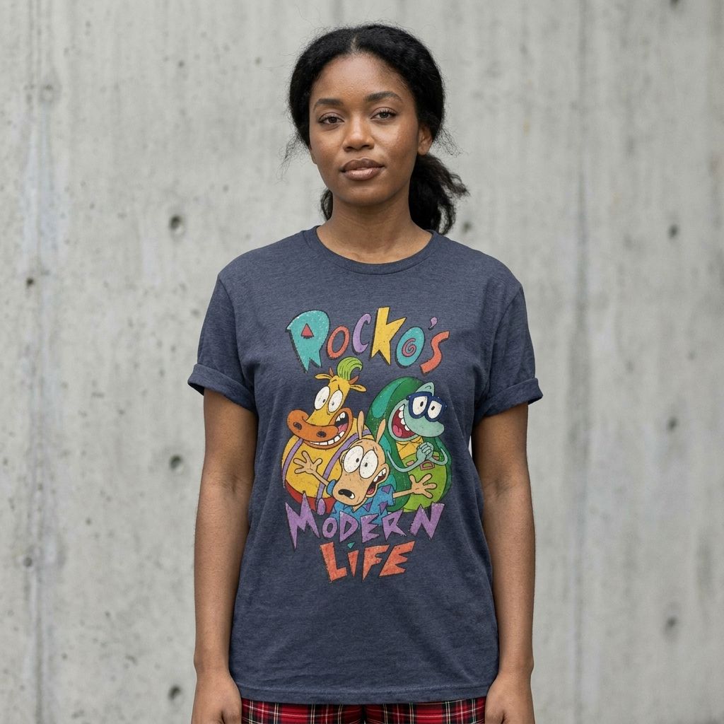Model wearing Rocko's Modern Life Graphic Tee – Retro 90s Cartoon Shirt against a cement wall