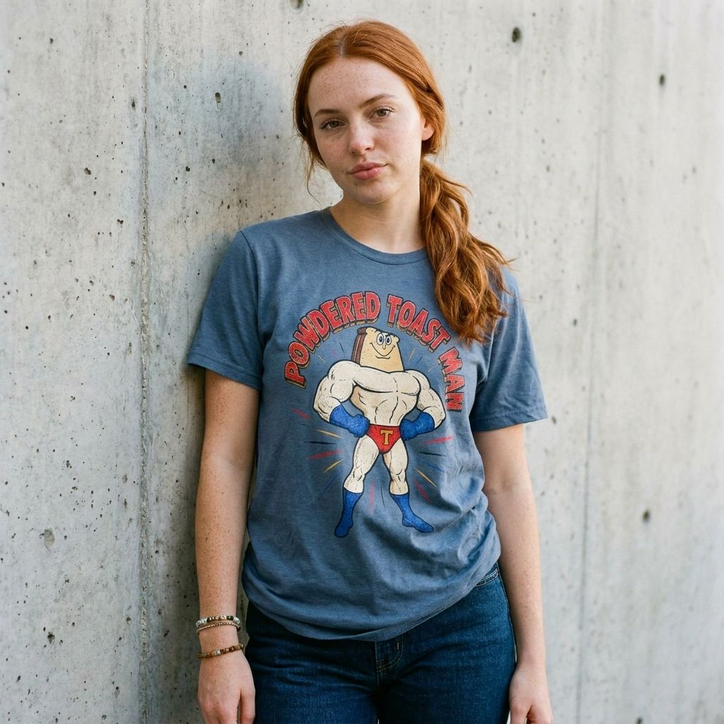 Model wearing Powdered Toast Man Graphic Tee – Retro 90s Cartoon Shirt against a cement wall