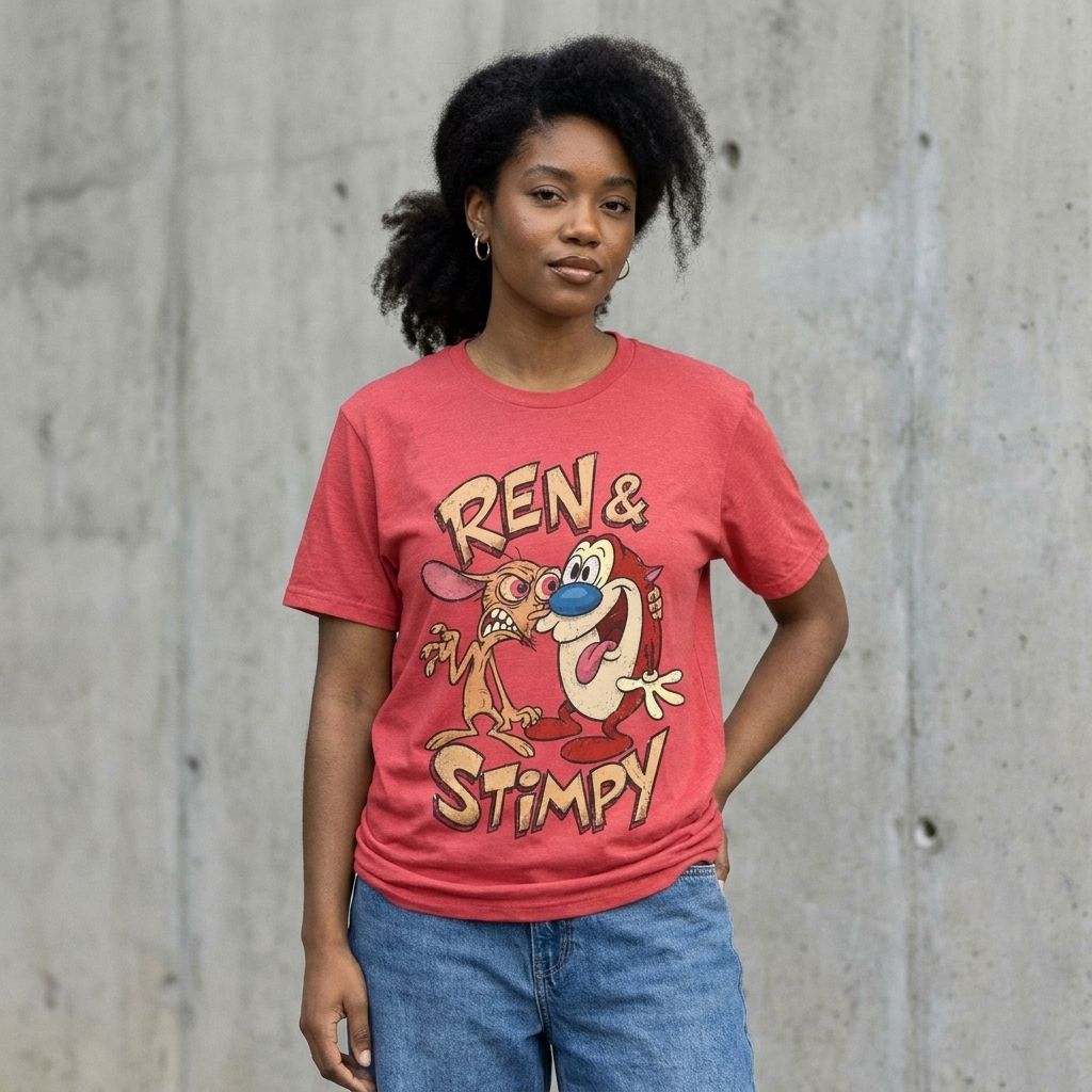 Model wearing Ren & Stimpy Graphic Tee – Retro 90s Cartoon Shirt against a cement wall