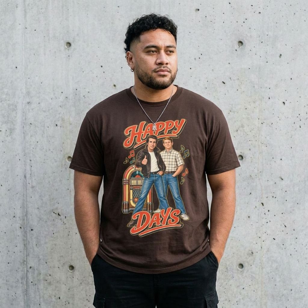 Model wearing Happy Days Graphic Tee – Retro 70s TV Shirt against a cement wall