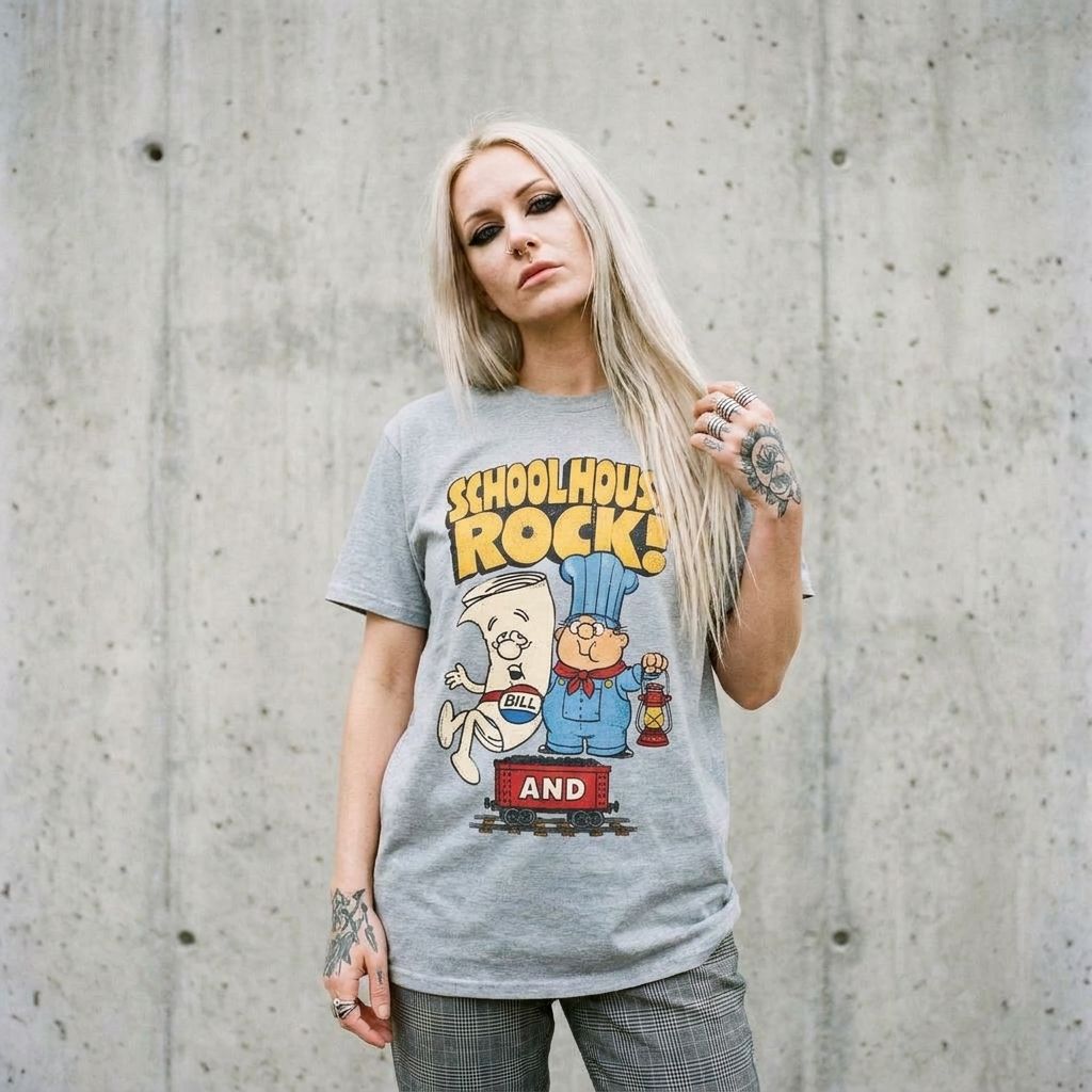 Model wearing Schoolhouse Rock! Graphic Tee – Retro 70s Cartoon Shirt against a cement wall