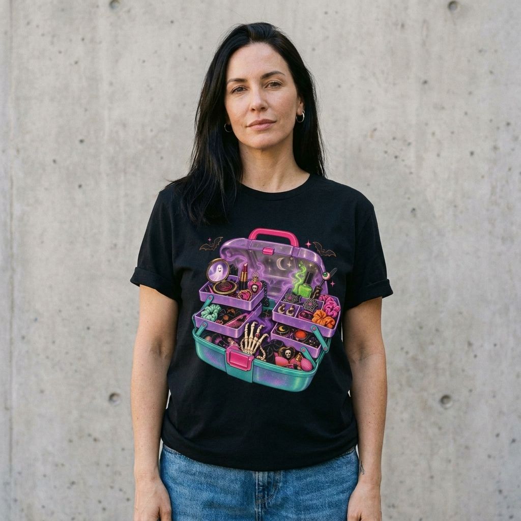 Model wearing Witchy Makeup Case Tee – Spooky Potion Kit Graphic Shirt against a cement wall