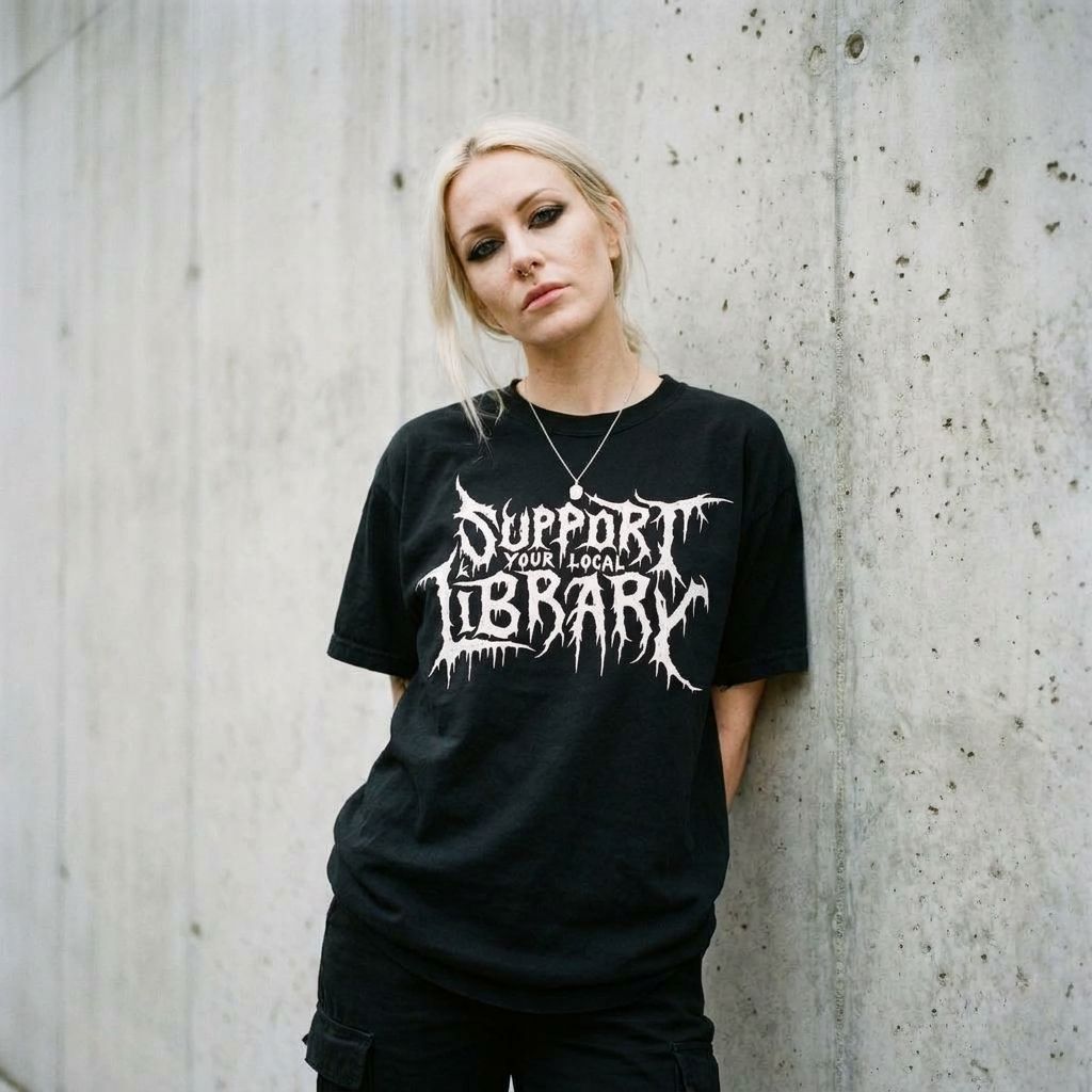 Model wearing Support Your Local Library Metal Tee – Bookish Graphic Shirt against a cement wall