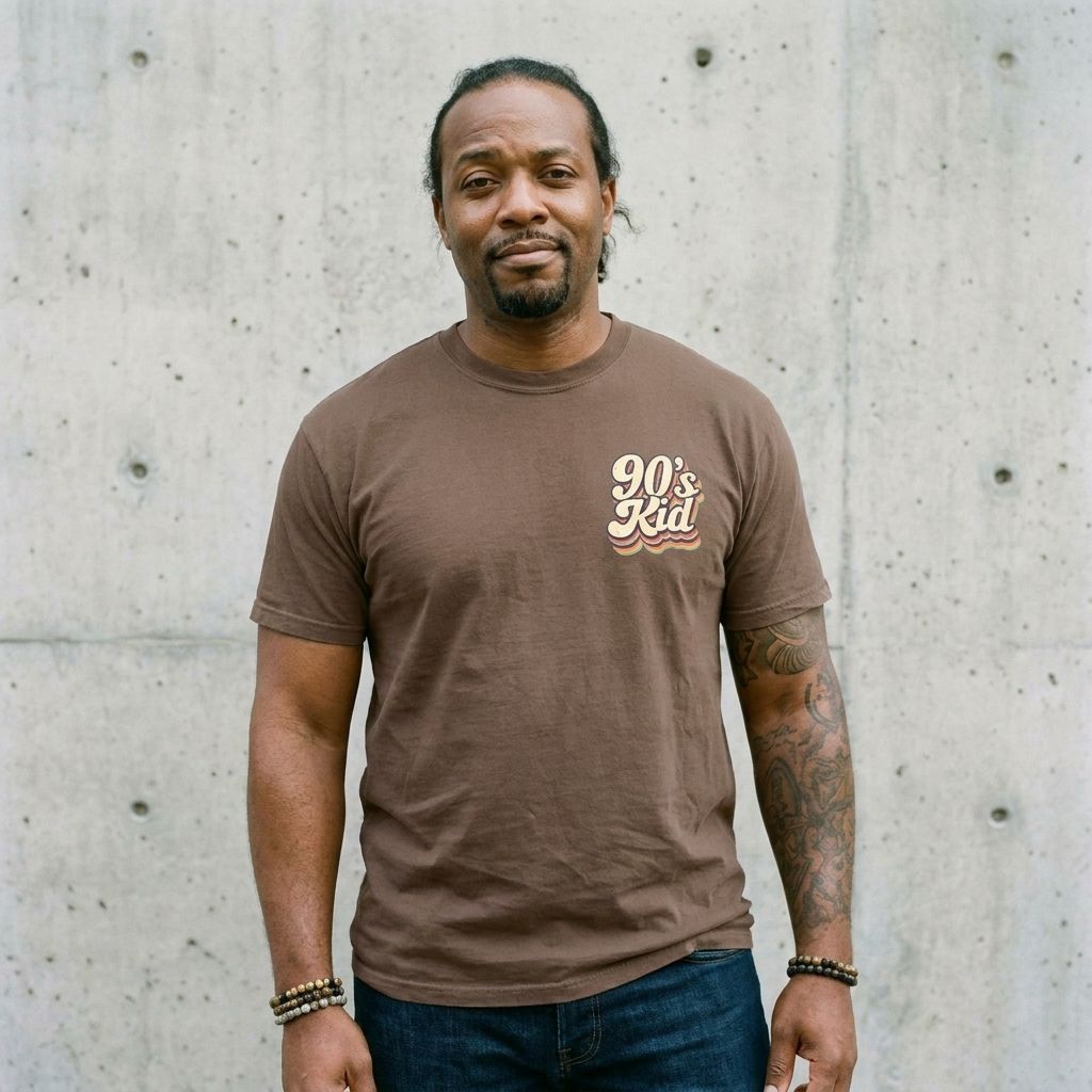 Model wearing 90s Kid Graphic Tee – Retro Throwback Shirt for Millennials against a cement wall