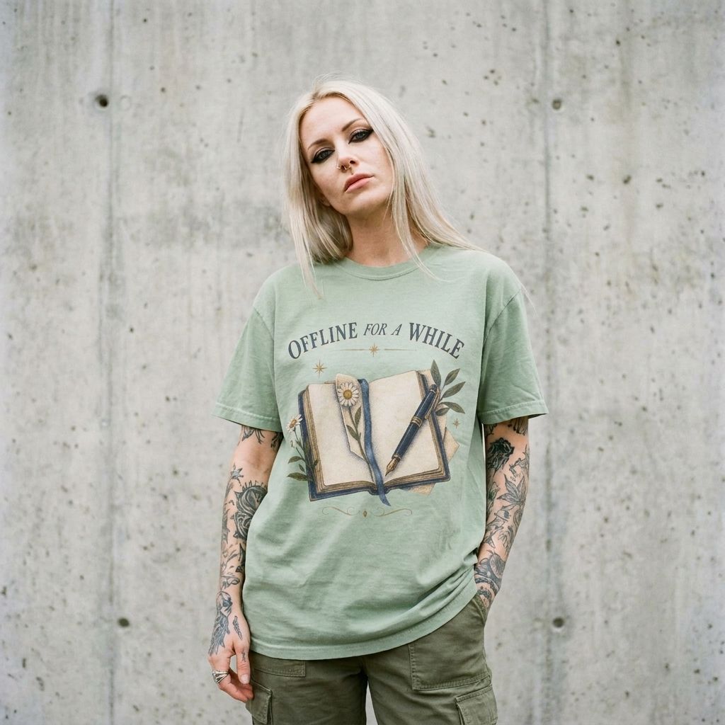 Model wearing Offline for a While Tee – Journal Graphic Bookish Shirt against a cement wall