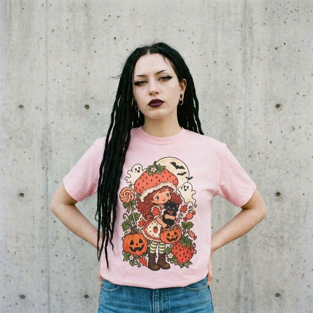 Model wearing Vintage Style Halloween Strawberry Shortcake Graphic T-Shirt against a cement wall