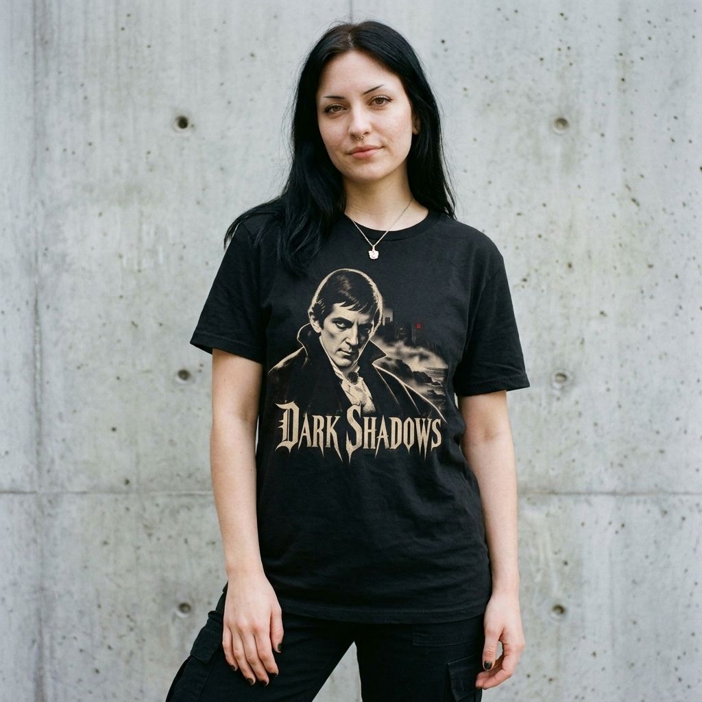Model wearing Dark Shadows Graphic Tee against a cement wall