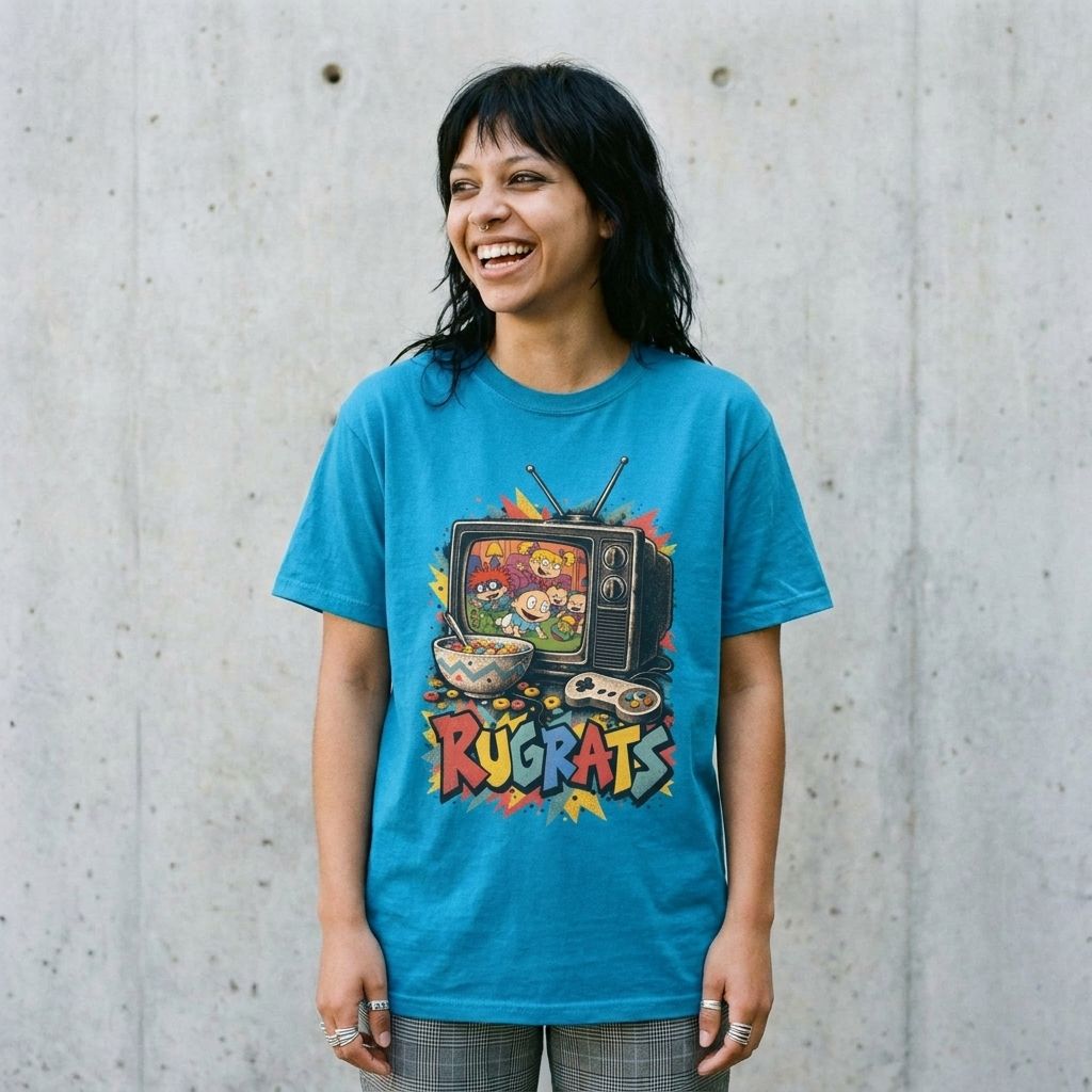 Model wearing Rugrats Retro TV Graphic Tee against a cement wall
